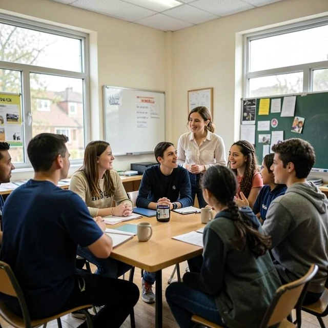 Students in a classroom reflection circle after service learning activity