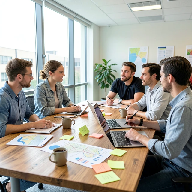 Nonprofit leaders and volunteers planning a community service event at a meeting table