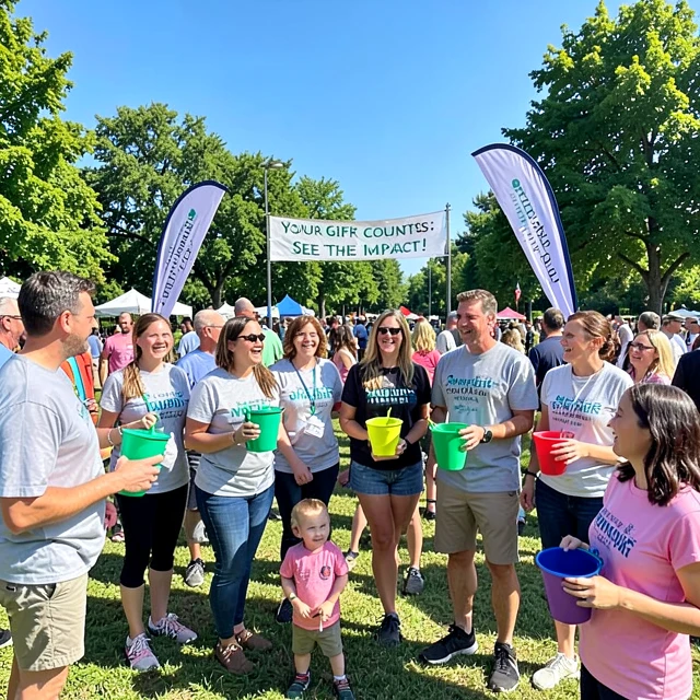 Volunteers engaging donors at a vibrant non-profit fundraising event