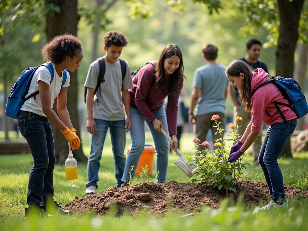 Students cleaning a park