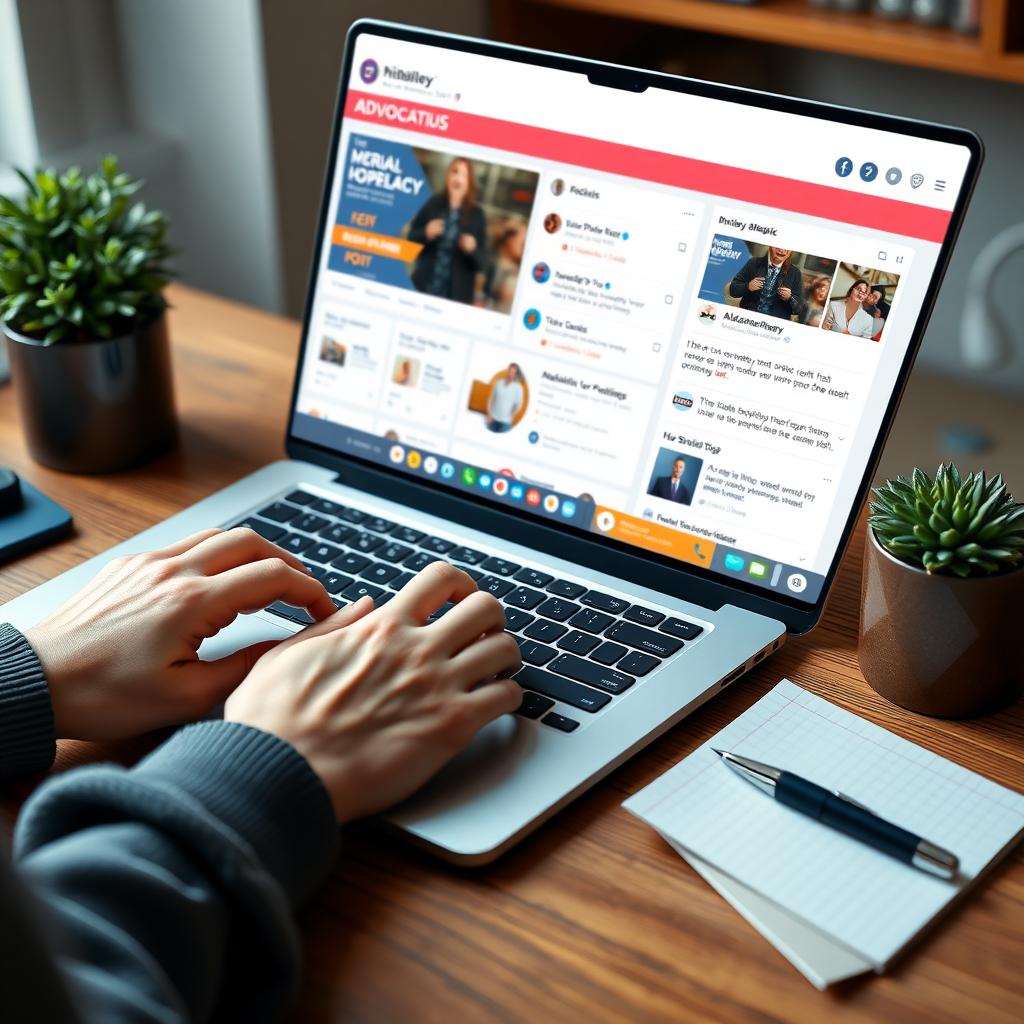 Close-up of hands typing on a laptop showing a social media dashboard with advocacy posts, beside a coffee mug and plant.