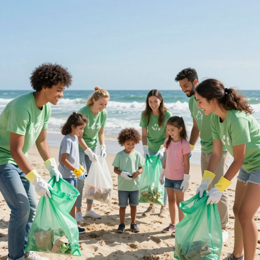 Volunteers cleaning a beach for environmental advocacy