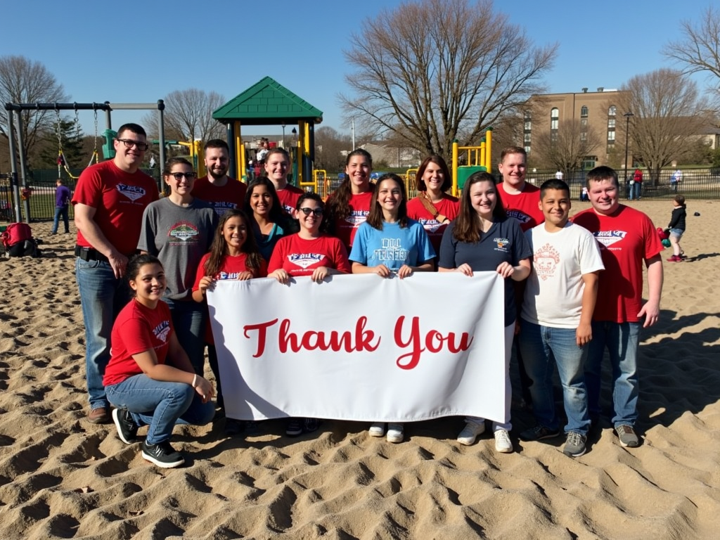 Volunteers with thank-you banner