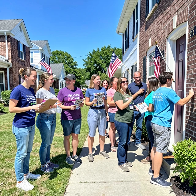 Volunteers canvassing door-to-door during a political campaign