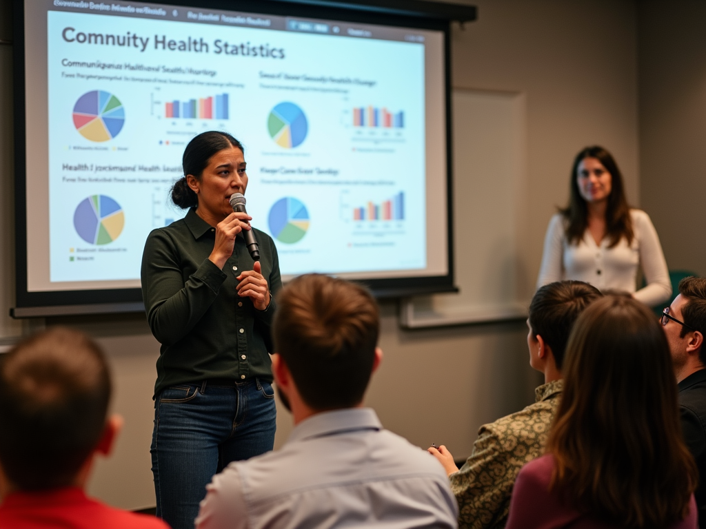 Volunteer advocating for community health at a town hall meeting