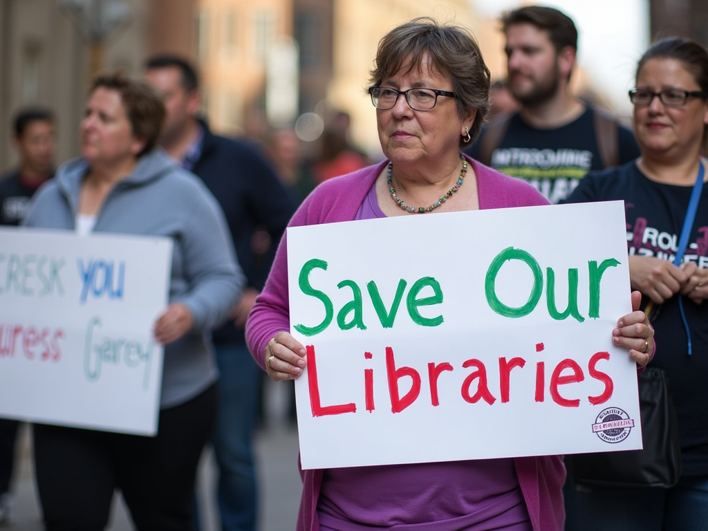 Volunteer advocating for libraries at a rally
