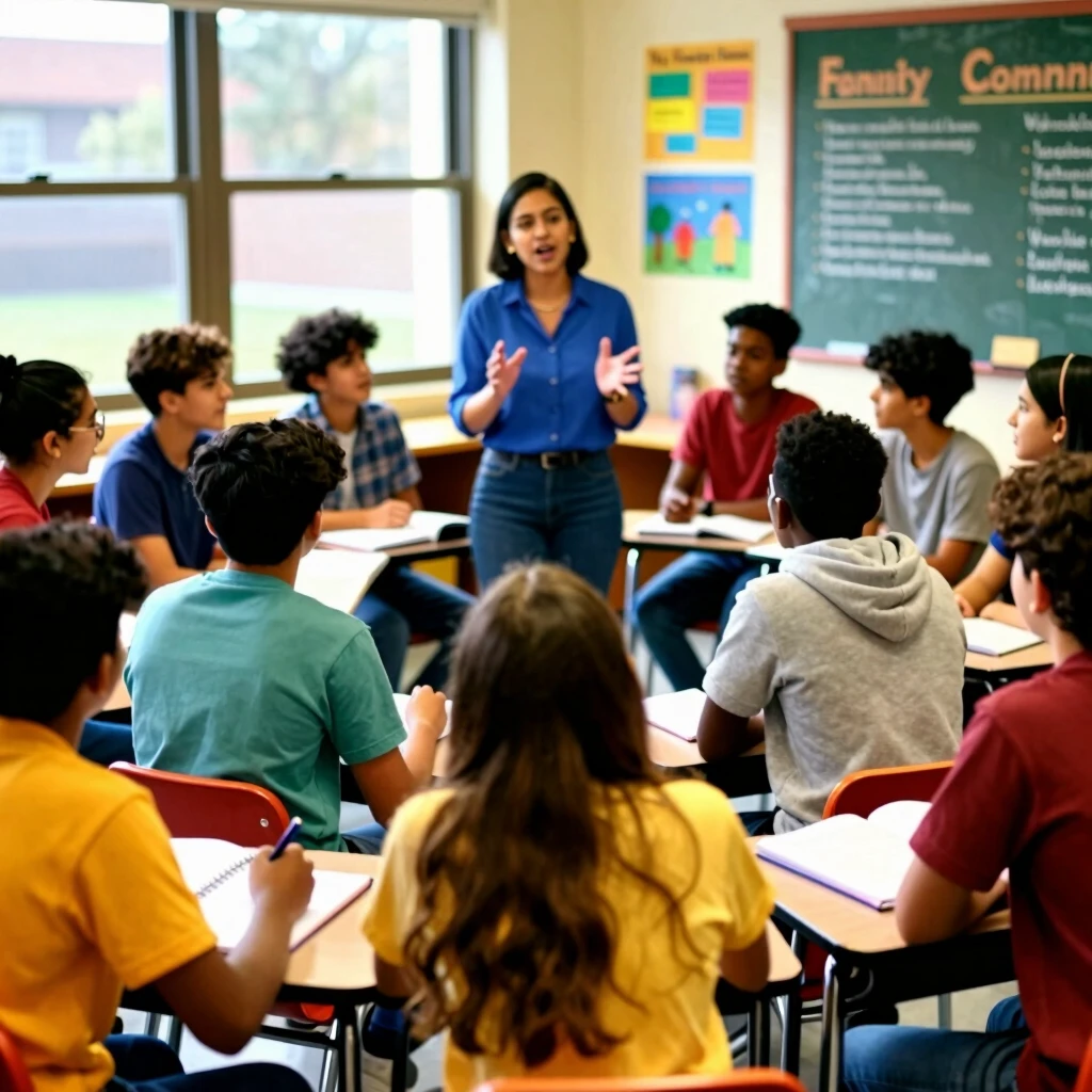 Students reflecting on their service learning experiences in class
