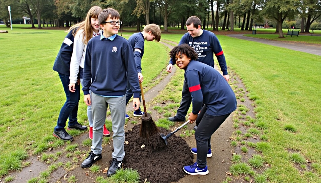 Students participating in an environmental cleanup drive, collecting trash from a community park.