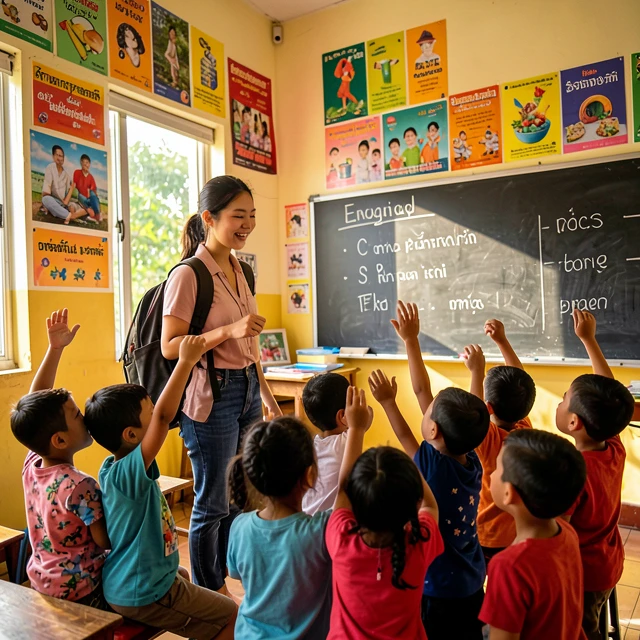 College student teaching English to children in a Thai classroom