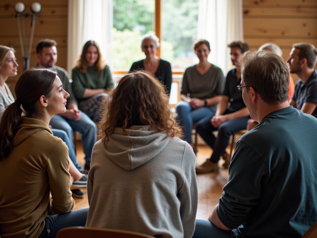 A group of volunteers sitting in a circle and discussing their experiences.