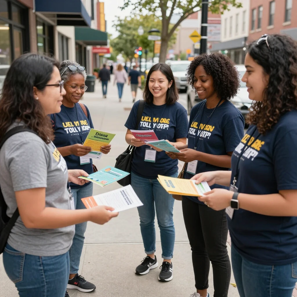 Volunteers distributing advocacy materials on a city street