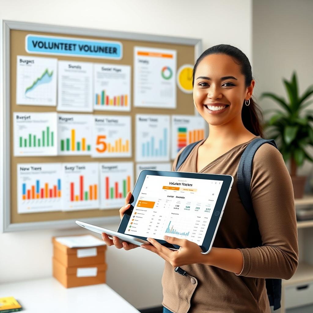 Volunteer reviewing budget charts and financial data on a tablet in a nonprofit office