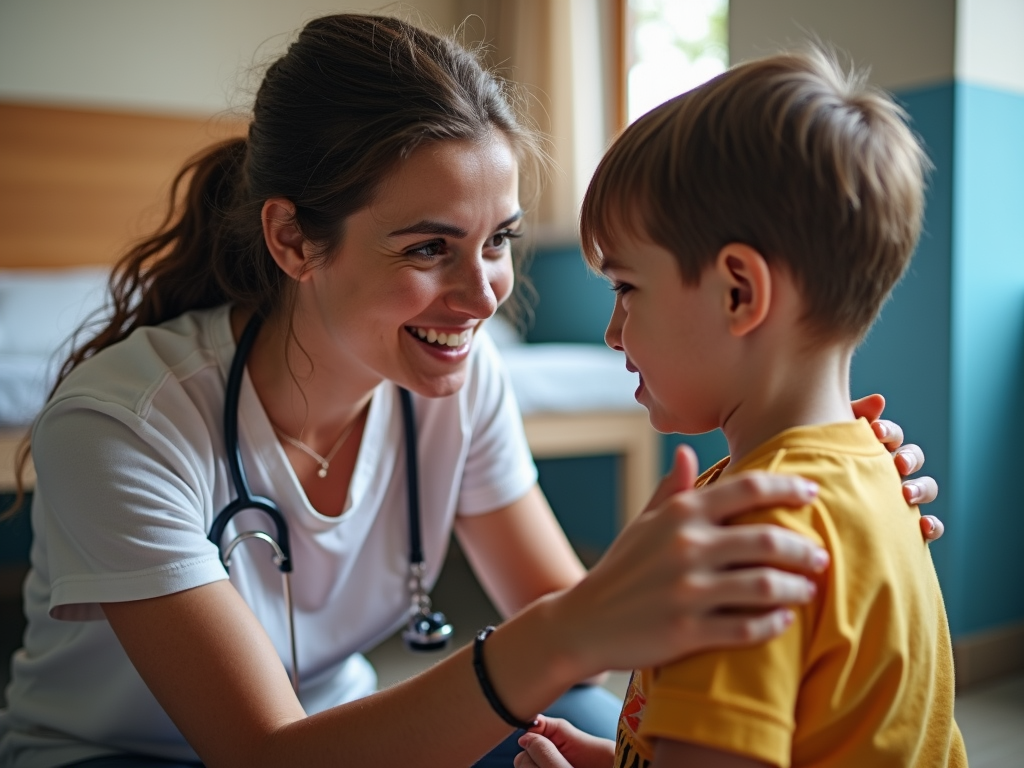 Volunteer providing emotional support to a child in a foreign healthcare facility.