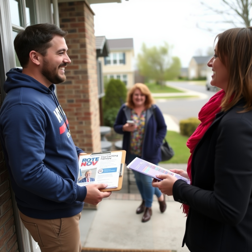 A volunteer talking to a voter at their doorstep in a suburban neighborhood.
