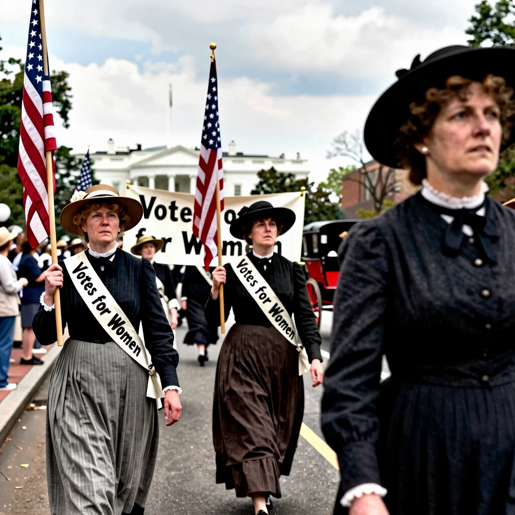 Women marching in the 1917 suffrage protest outside the White House