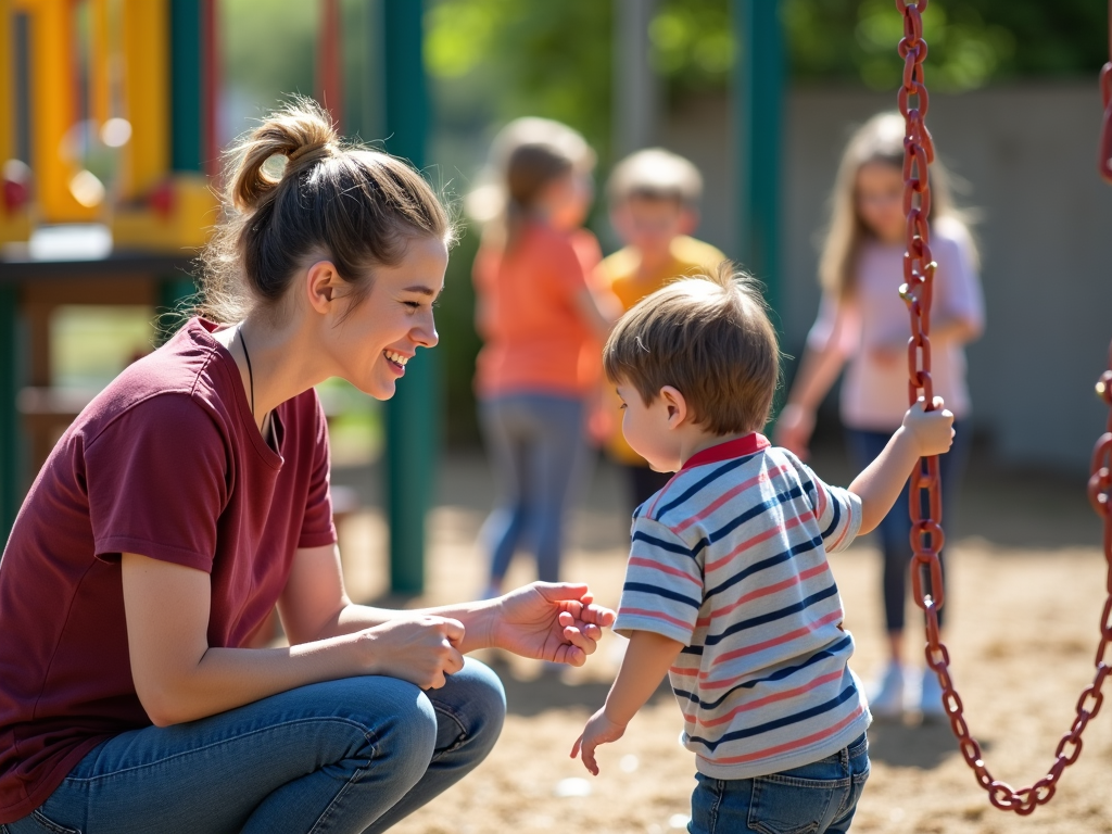 Volunteer listening to a child in a playground