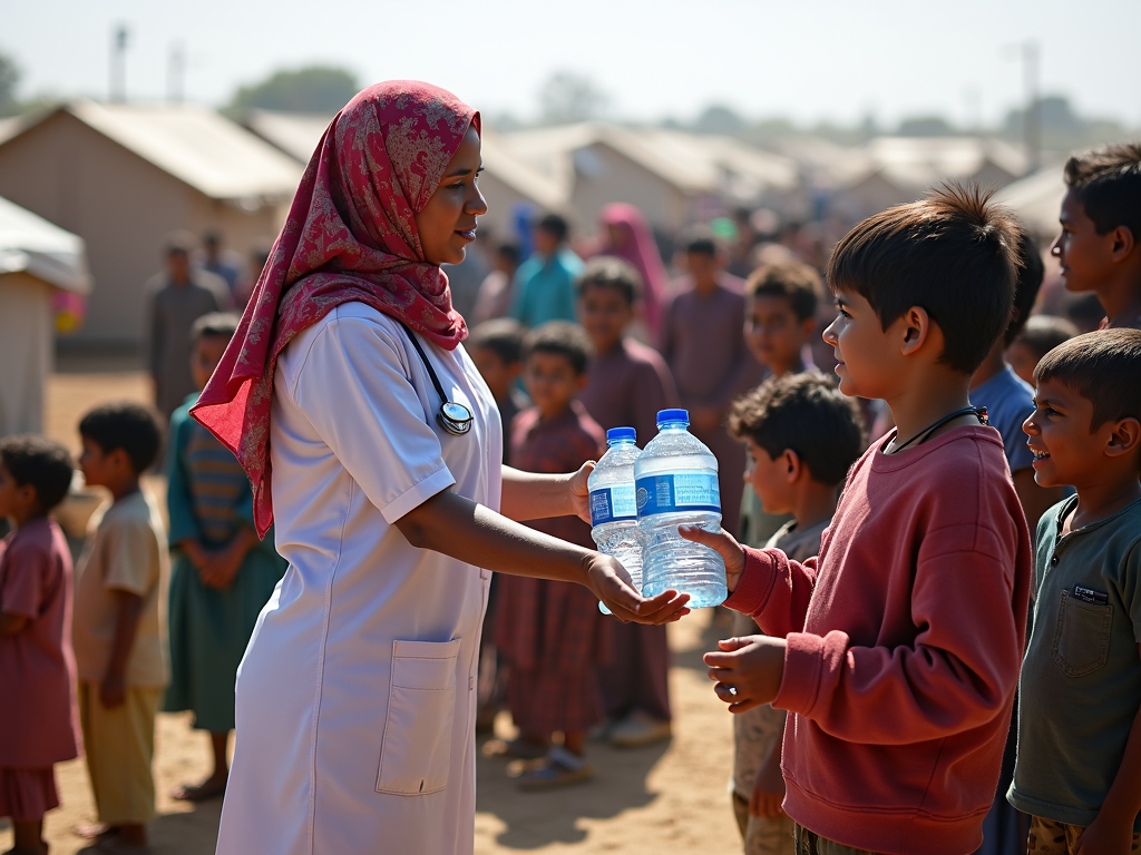 Nurse aiding children in a refugee camp