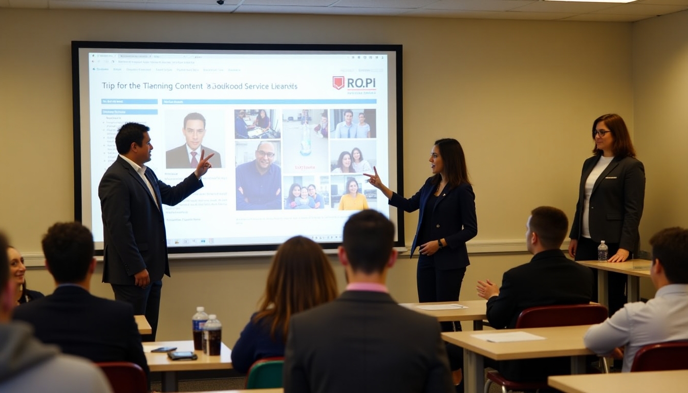 Students presenting a project at a service learning conference, showing graphs and photos.