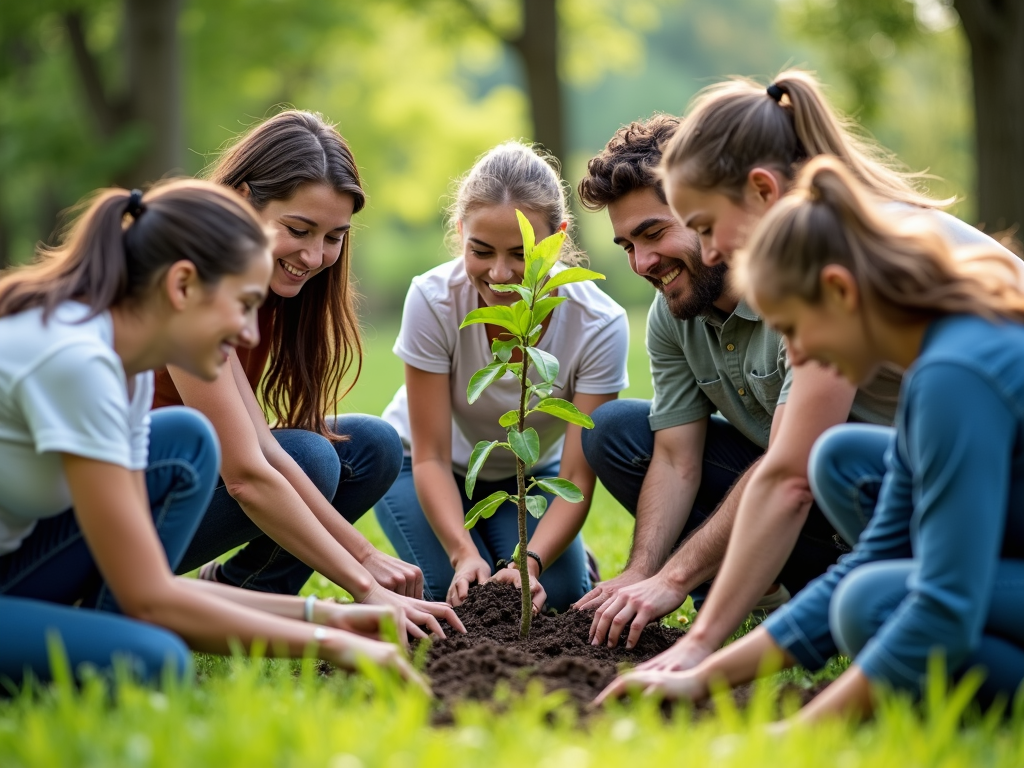Volunteers planting trees together in a community park