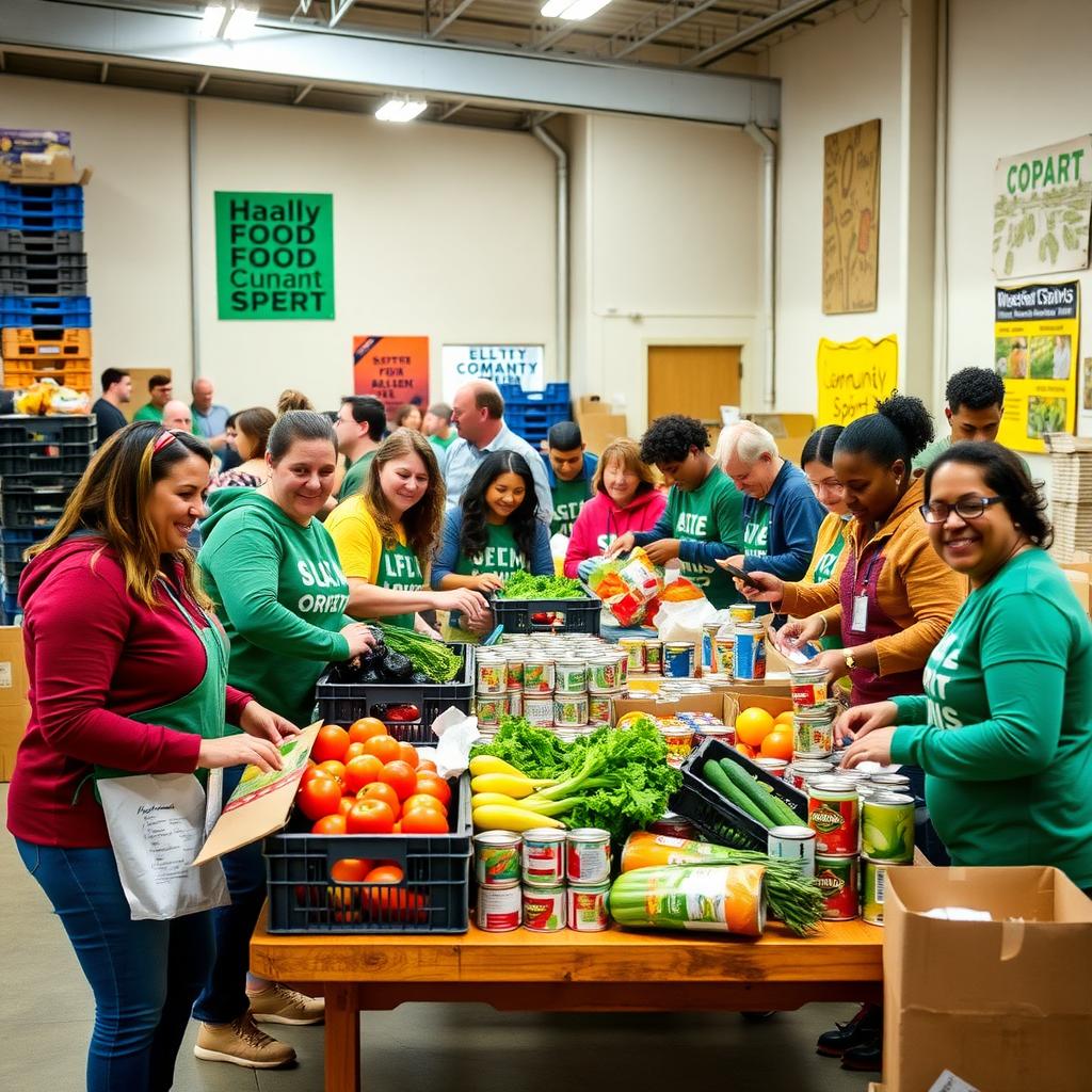 Volunteers sorting food at a community food bank