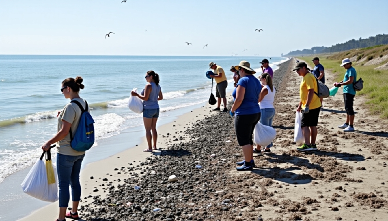 Volunteers participating in a coastal cleanup effort to protect marine life.