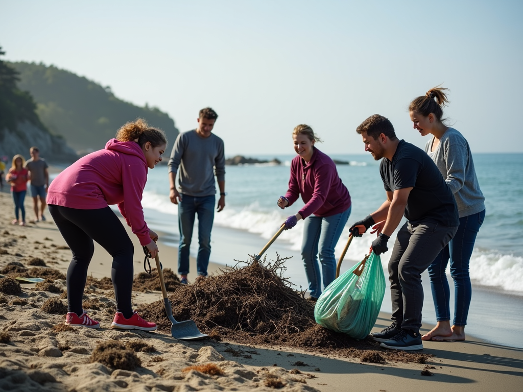 Students and community members cleaning a beach