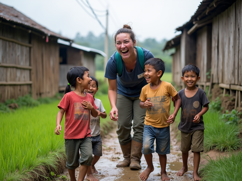 A volunteer connects with children in a Thai village, sharing smiles amid a rustic, authentic setting.