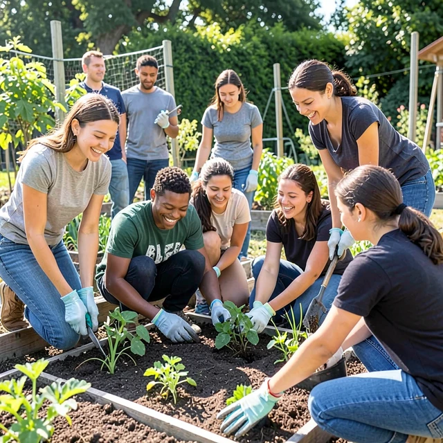 Students tending a community garden in service learning