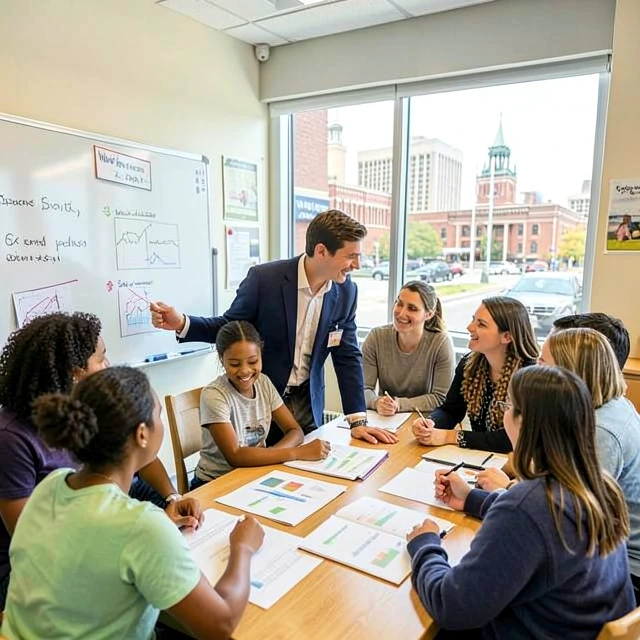 University student leading a skill-based mentoring session for community members