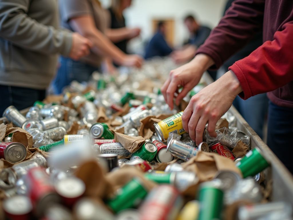 Volunteer sorting recyclables at a community environmental event.