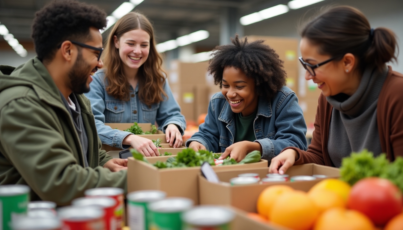 Students sorting food donations during a service learning activity