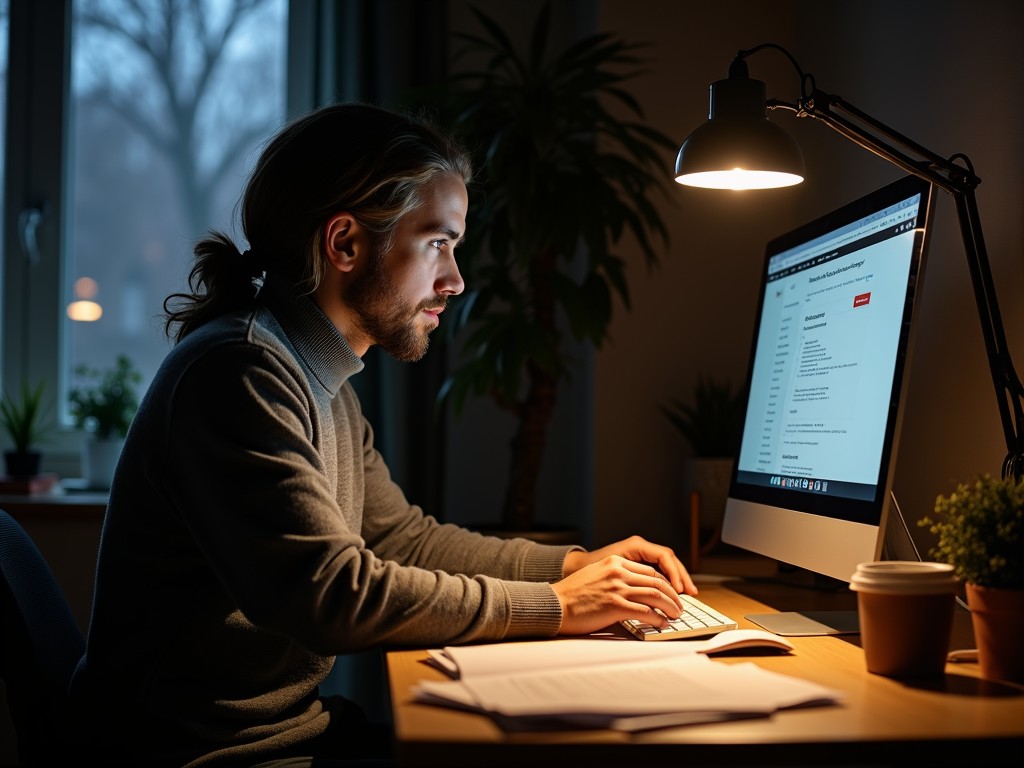 A dedicated advocate working late at their computer, illustrating resilience and adaptability.