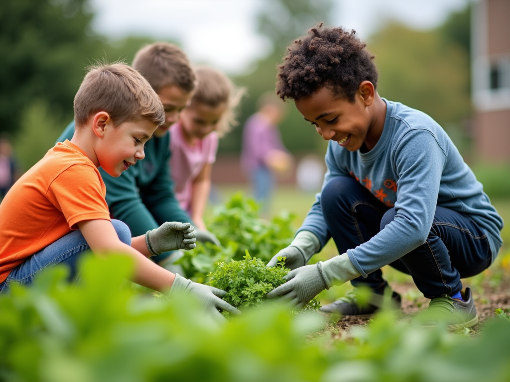 Community and students working in a service learning garden