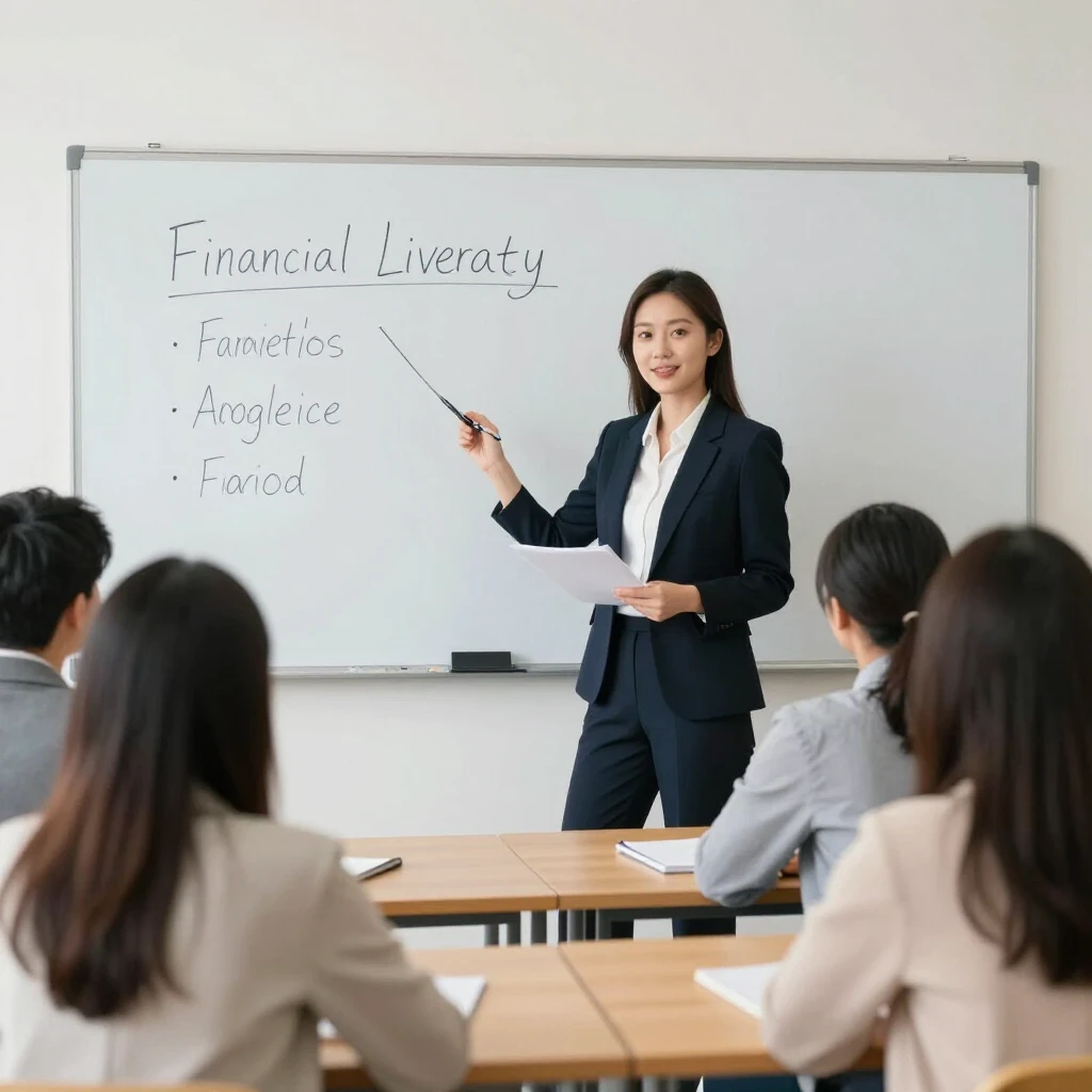 Professional woman teaching financial literacy to young adults in classroom