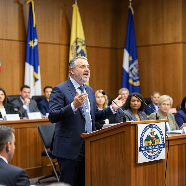 Volunteer advocate presenting community concerns at a public city council meeting