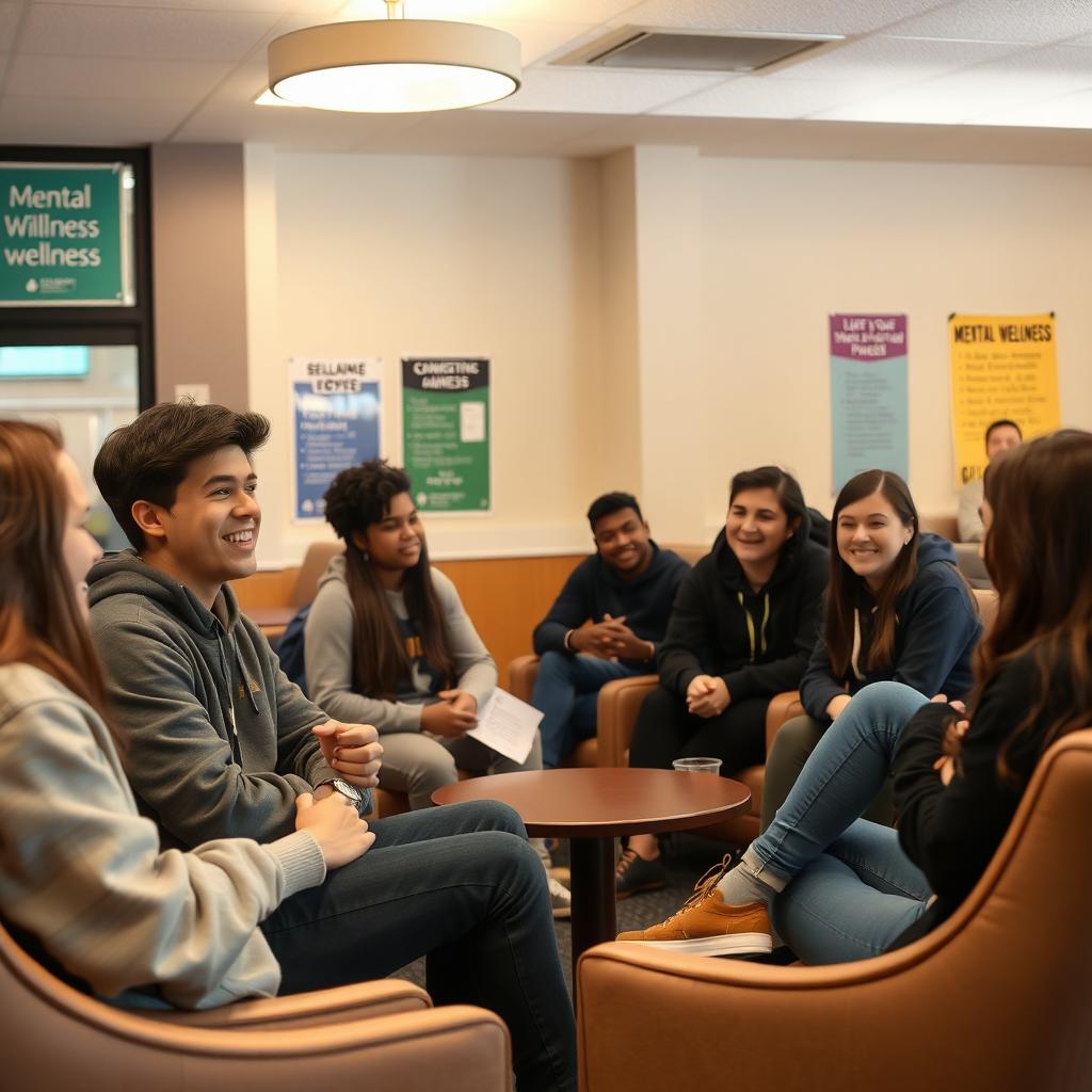 College students discussing mental health in a cozy campus lounge.