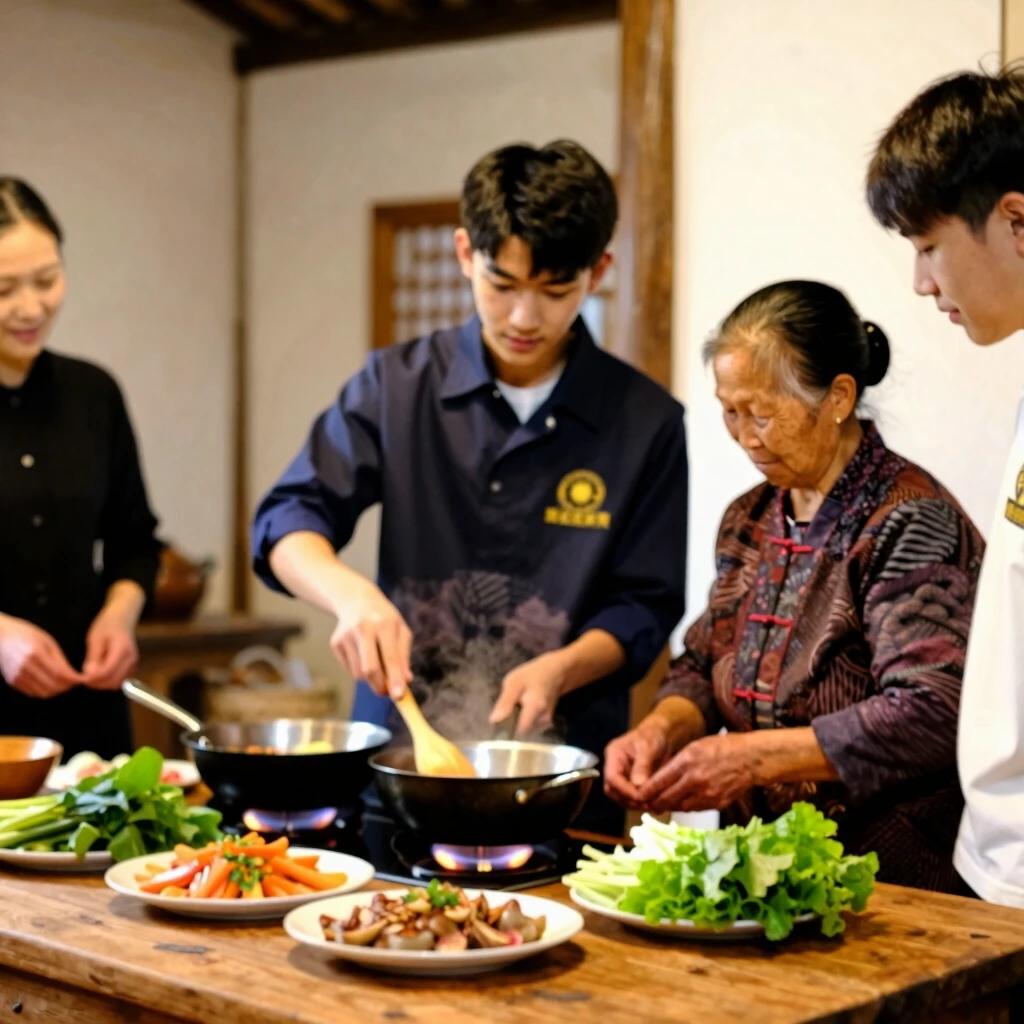 Volunteer learning traditional cooking from a local family in Asia