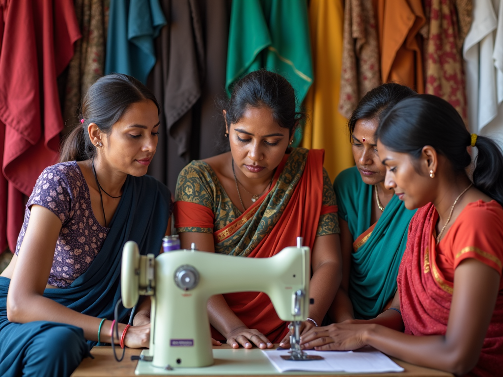 Volunteer teaching sewing skills in India