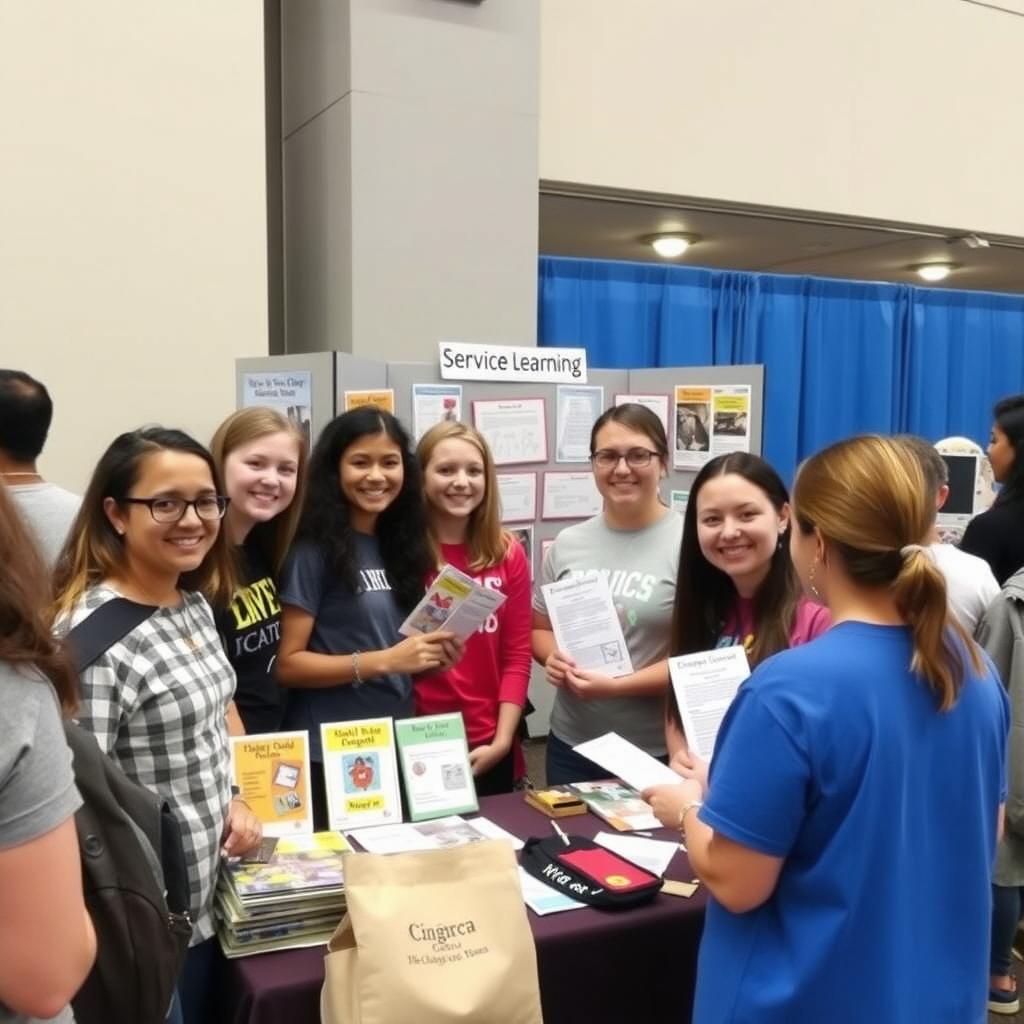 Students presenting their service learning project at a lively community fair booth.