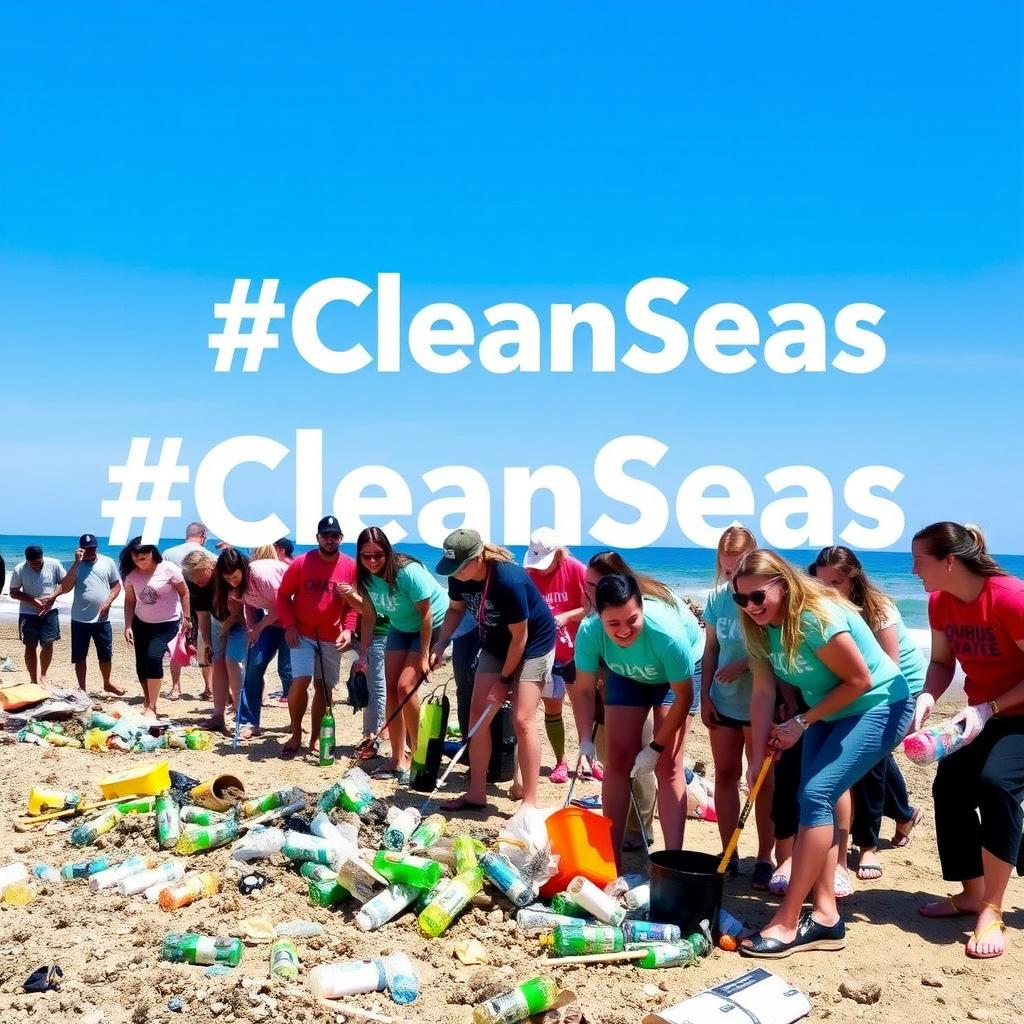 Volunteers cleaning a beach, collecting plastic waste, with #CleanSeas text in the sky.