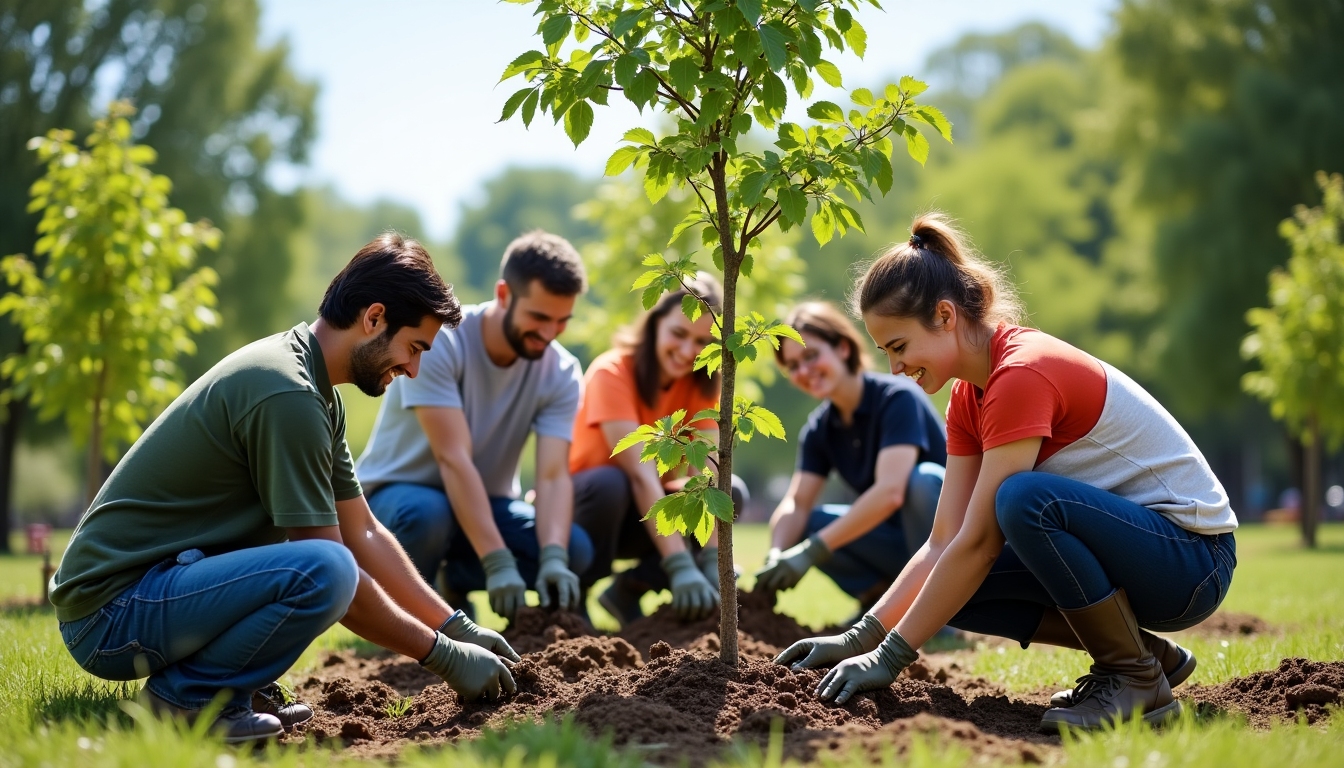 Volunteers planting trees together.