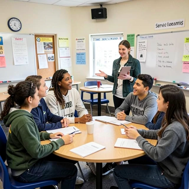 Students reflecting on service learning in a classroom discussion