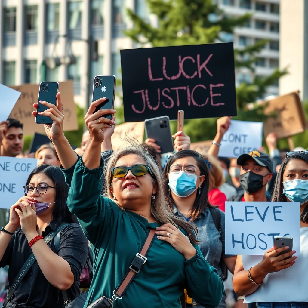 Diverse activists using phones during a peaceful advocacy protest