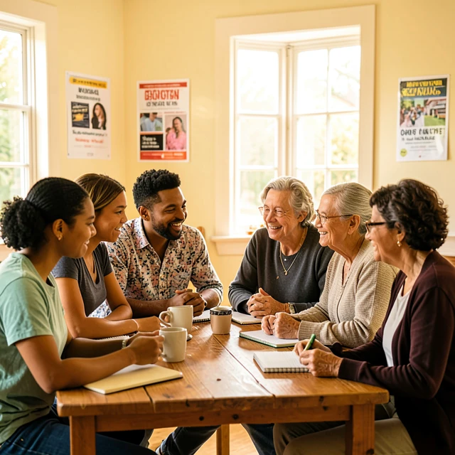 Diverse community group brainstorming advocacy ideas in a local center