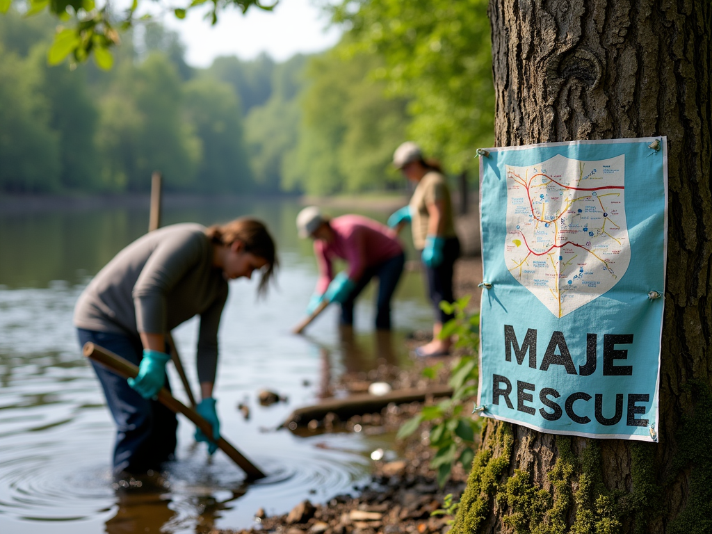 River cleanup with activism poster