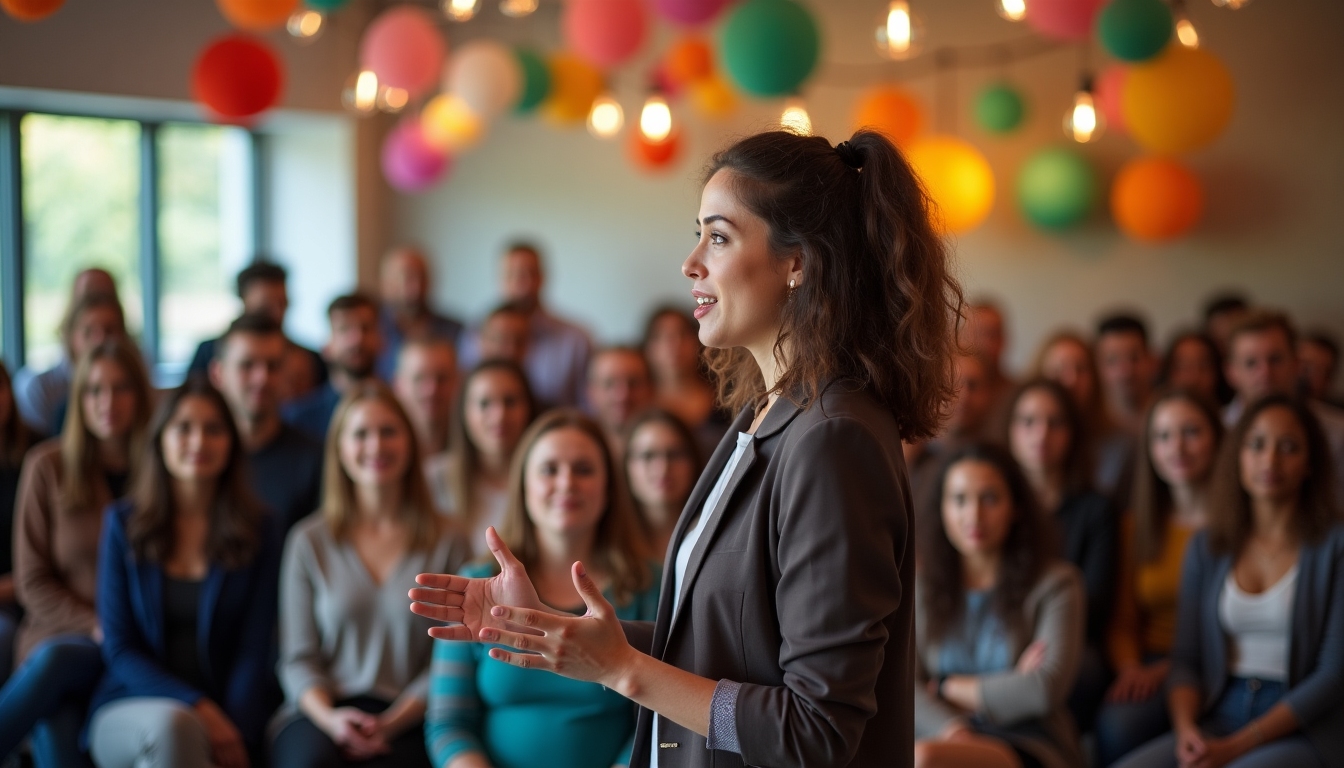 An enthusiastic volunteer speaking passionately at a community event, surrounded by an engaged audience.