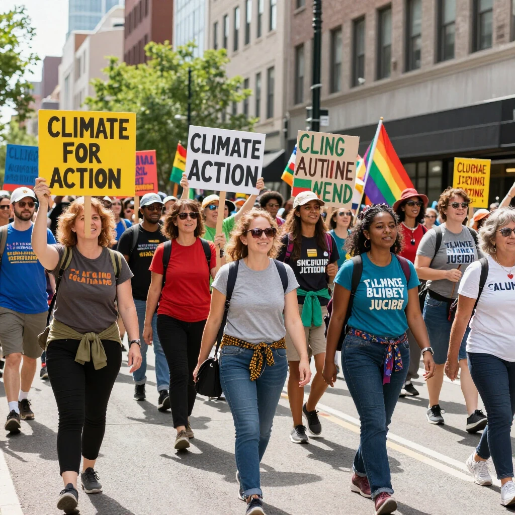Diverse crowd at a peaceful advocacy march holding banners