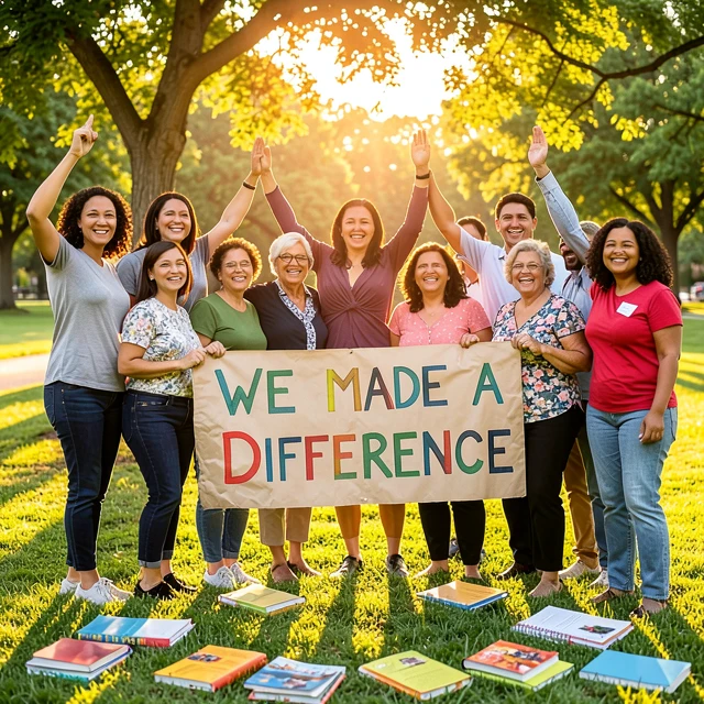 Diverse volunteers celebrating impact from skill-based education project