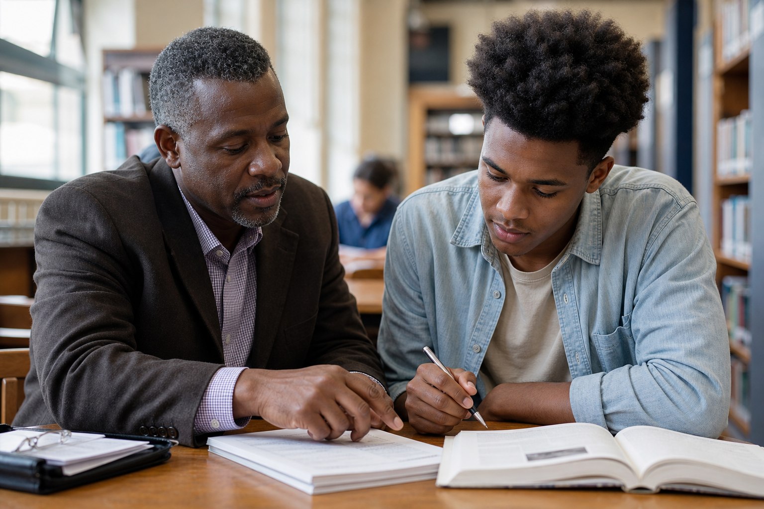 Mentor helping a student with studies at a library