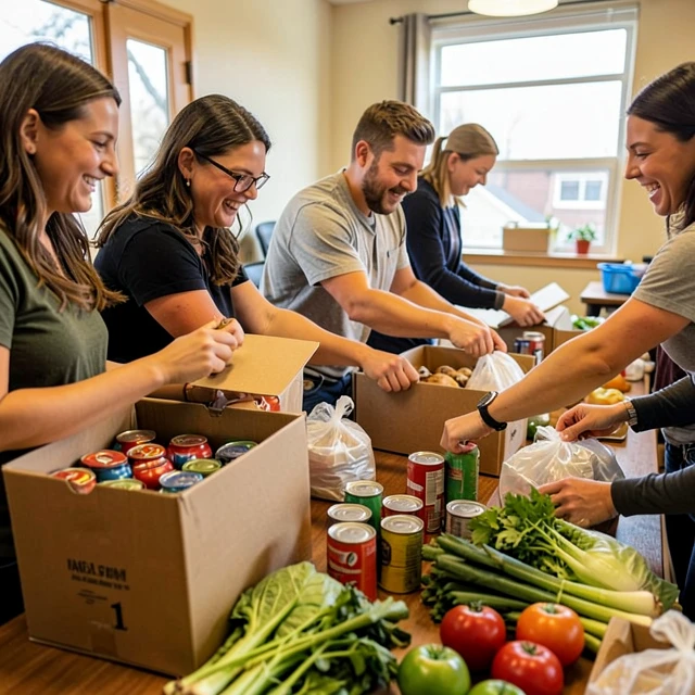 Volunteers working together at a community food bank sorting donations